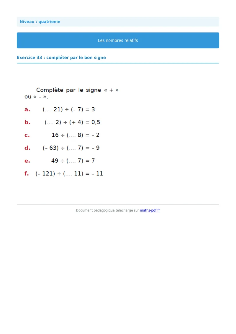 Nombres relatifs : exercice n°33 de maths en 4ème corrigé en PDF