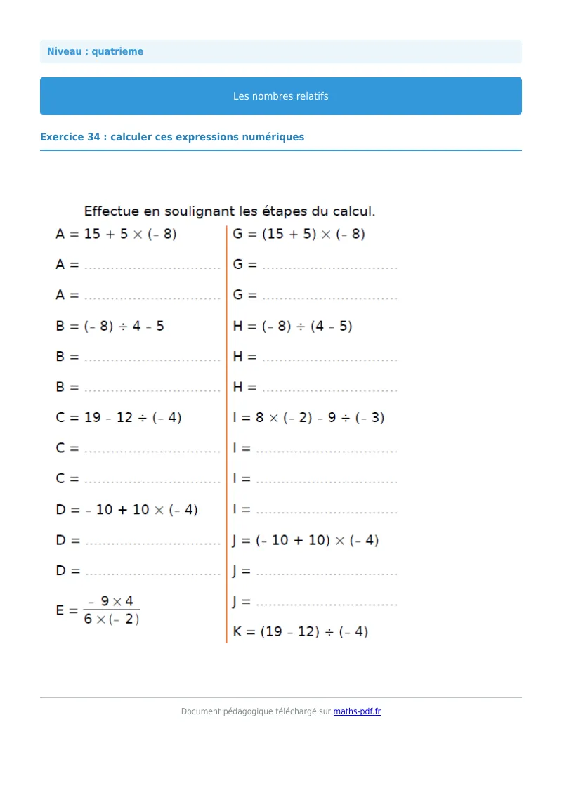 Nombres relatifs : exercice n°34 de maths en 4ème corrigé en PDF