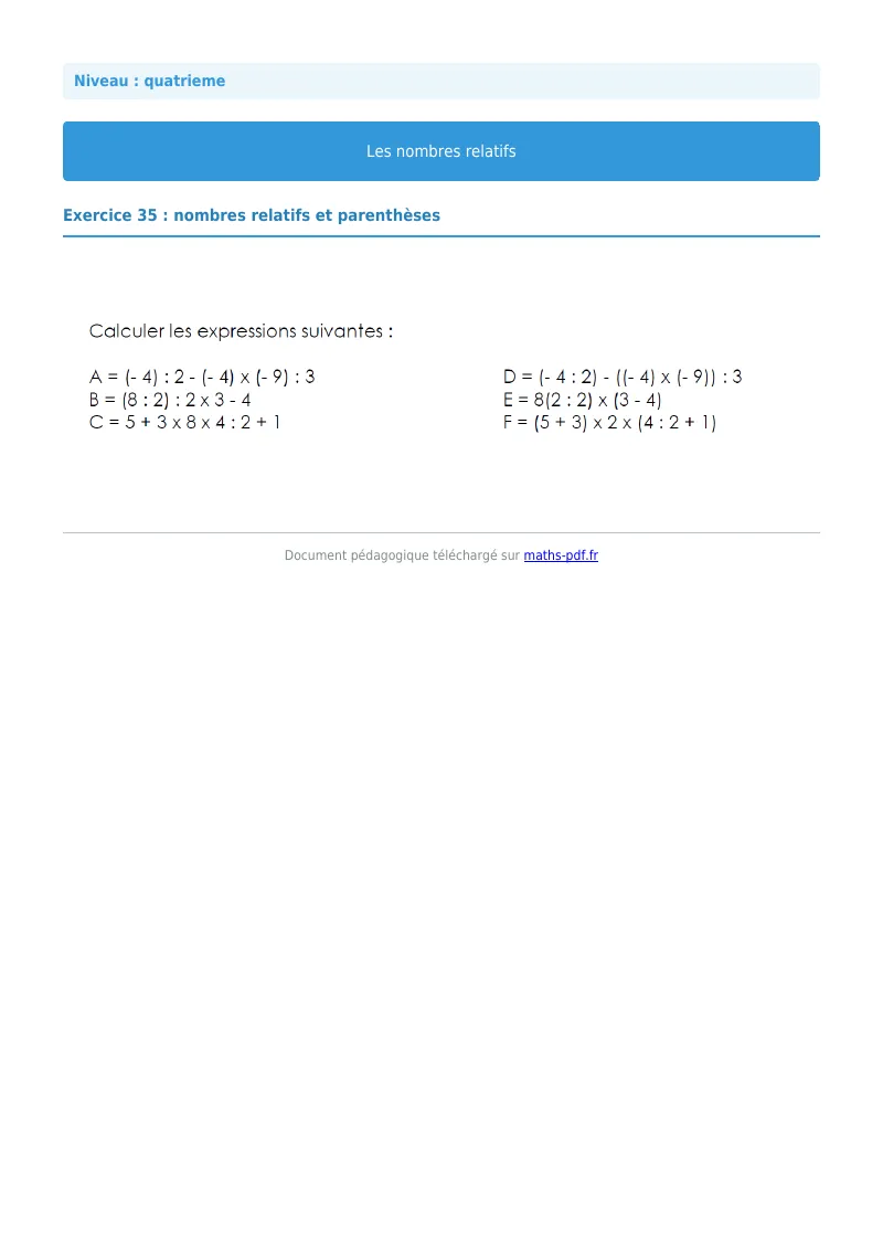 Nombres relatifs : exercice n°35 de maths en 4ème corrigé en PDF