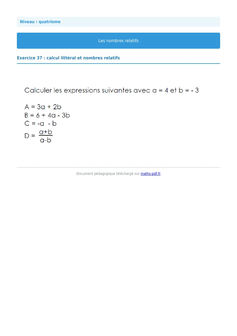 Nombres relatifs : exercice n°37 de maths en 4ème corrigé en PDF