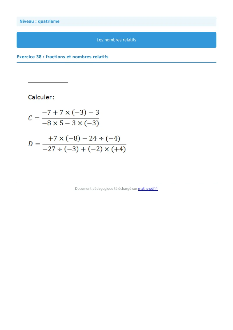 Nombres relatifs : exercice n°38 de maths en 4ème corrigé en PDF