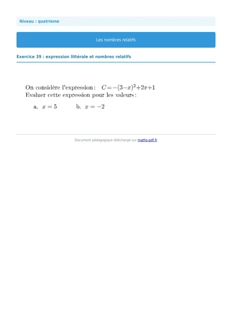 Nombres relatifs : exercice n°39 de maths en 4ème corrigé en PDF