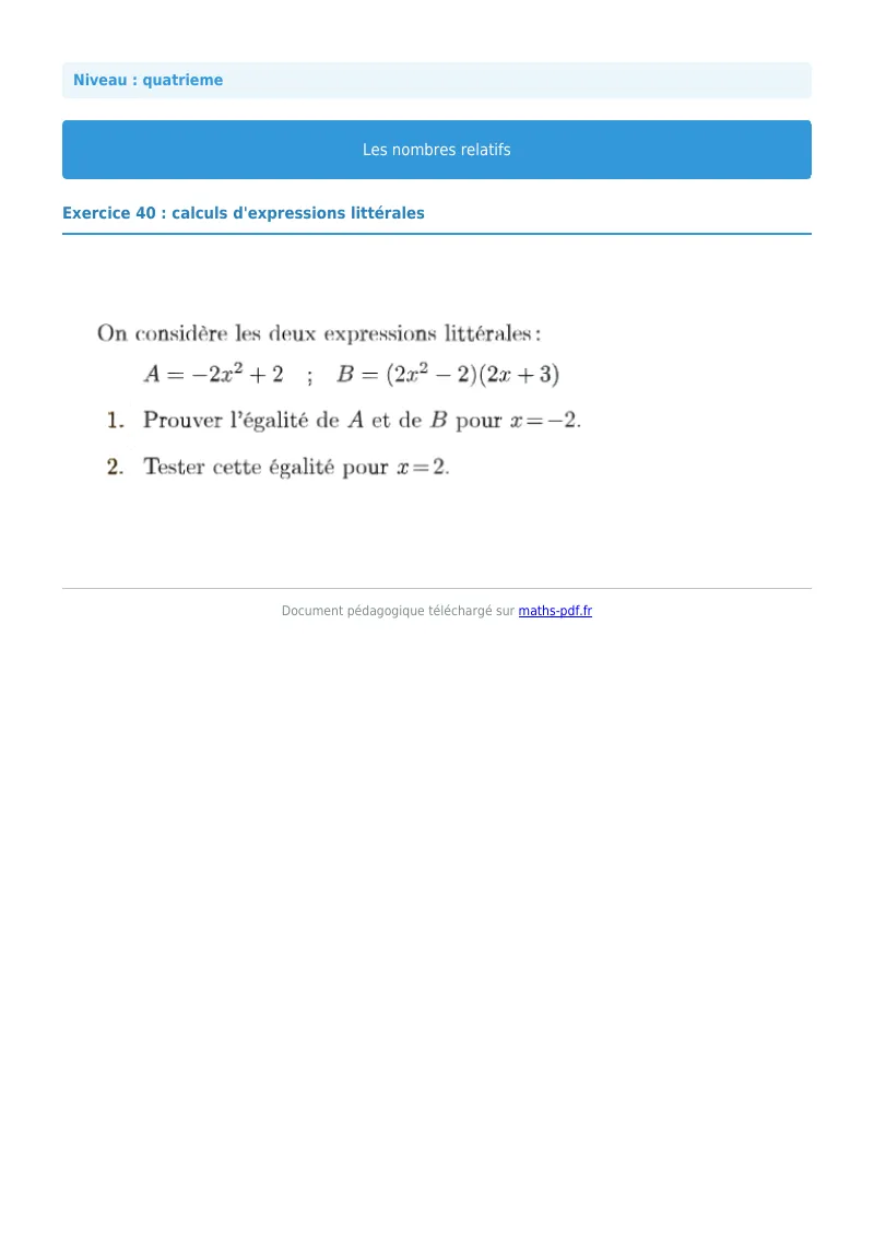 Nombres relatifs : exercice n°40 de maths en 4ème corrigé en PDF