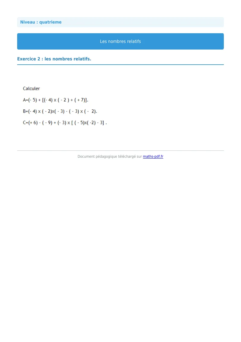 Nombres relatifs : exercice n°2 de maths en 4ème corrigé en PDF