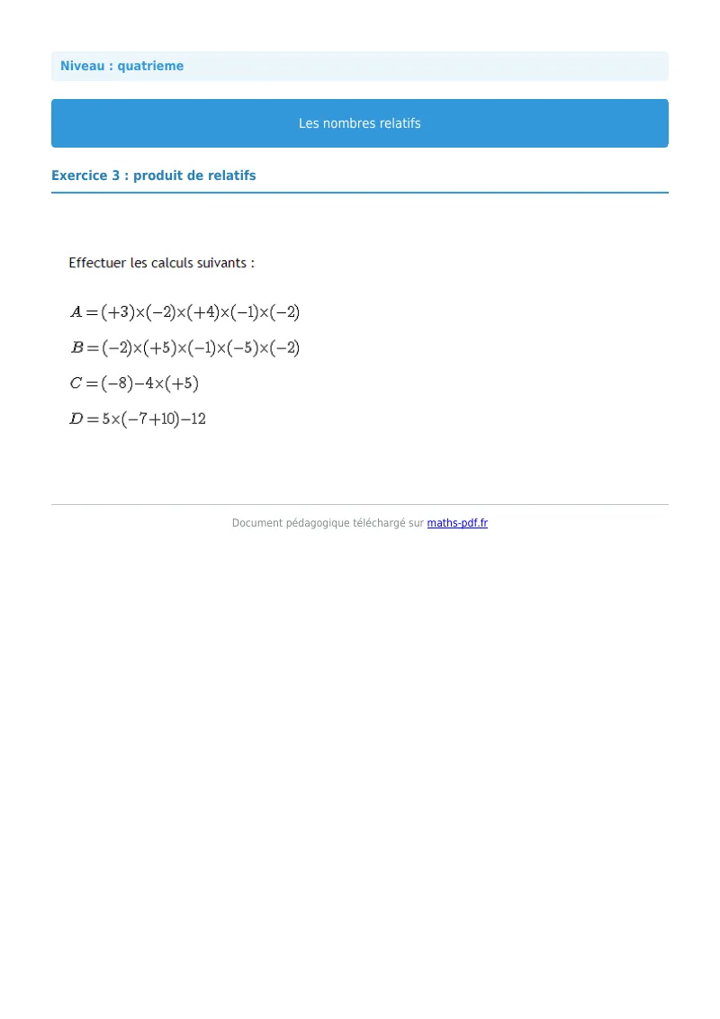 Nombres relatifs : exercice n°3 de maths en 4ème corrigé en PDF