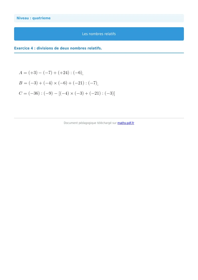 Nombres relatifs : exercice n°4 de maths en 4ème corrigé en PDF