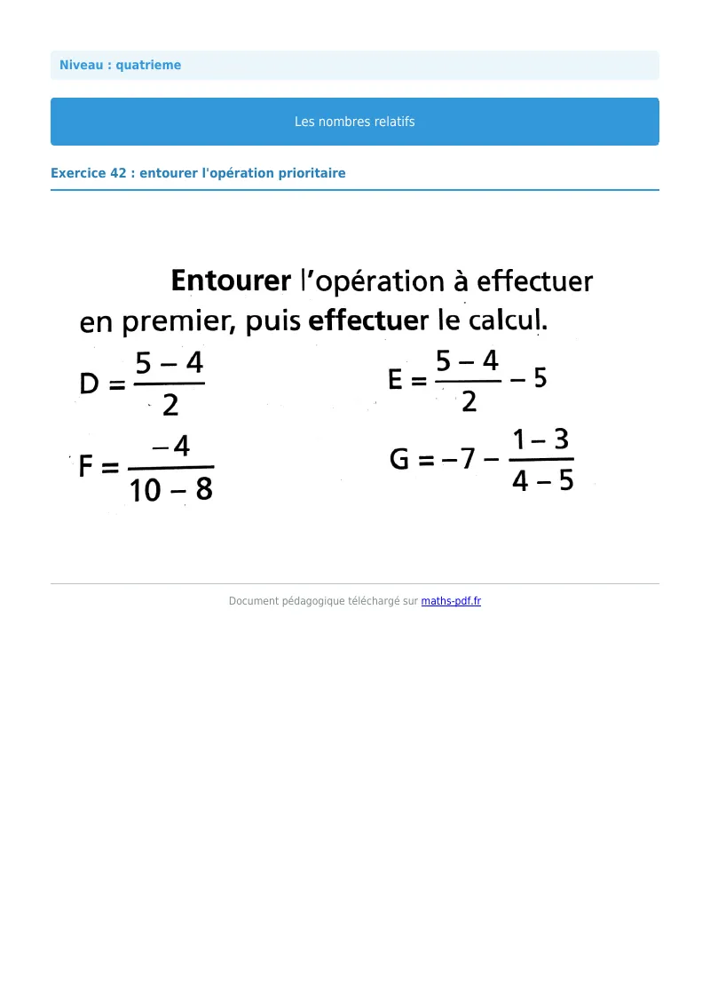 Nombres relatifs : exercice n°42 de maths en 4ème corrigé en PDF