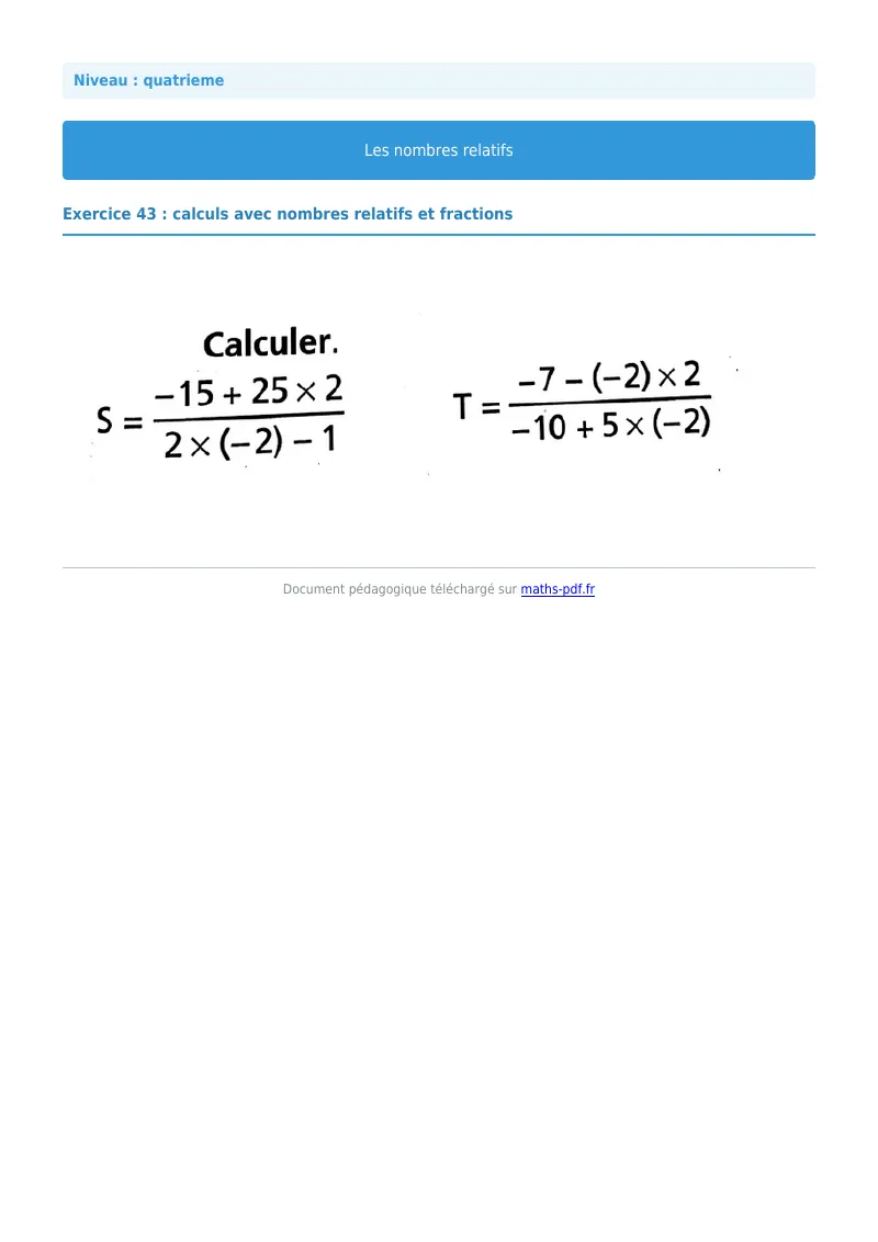 Nombres relatifs : exercice n°43 de maths en 4ème corrigé en PDF