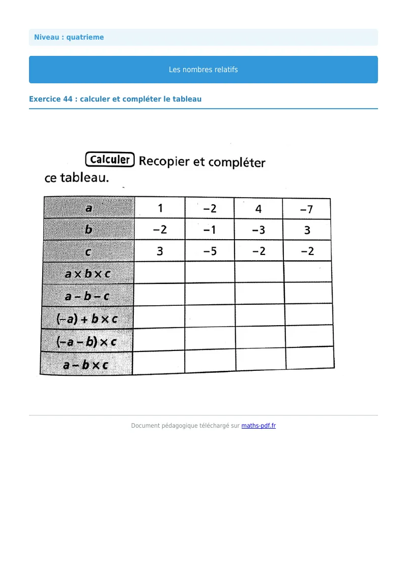 Nombres relatifs : exercice n°44 de maths en 4ème corrigé en PDF