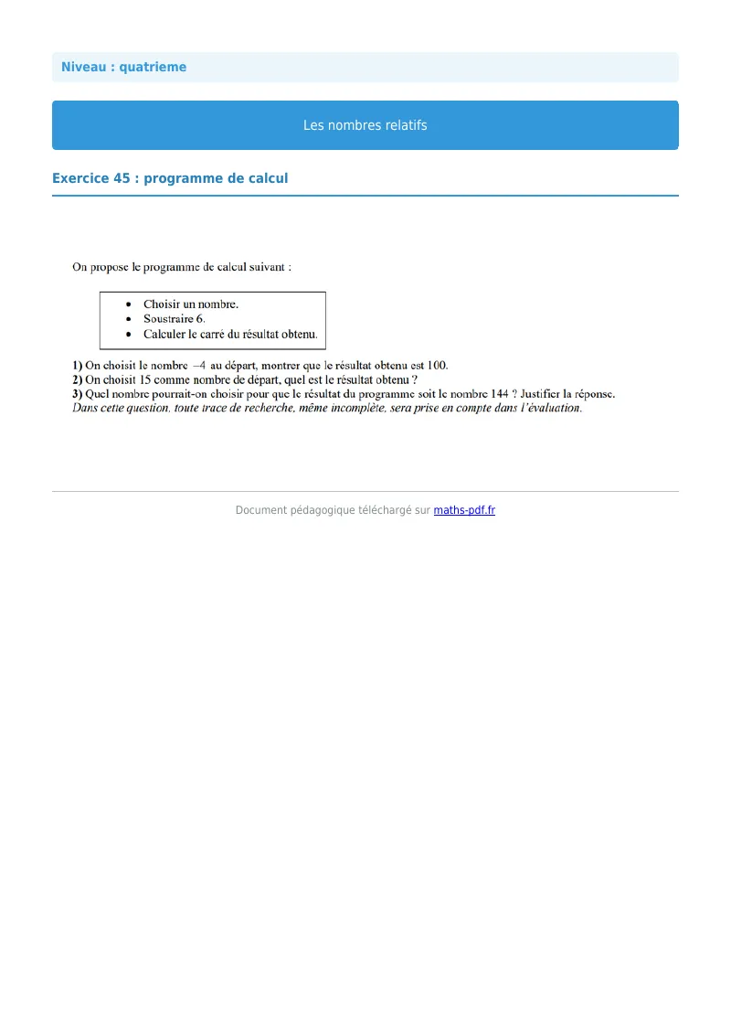 Nombres relatifs : exercice n°45 de maths en 4ème corrigé en PDF