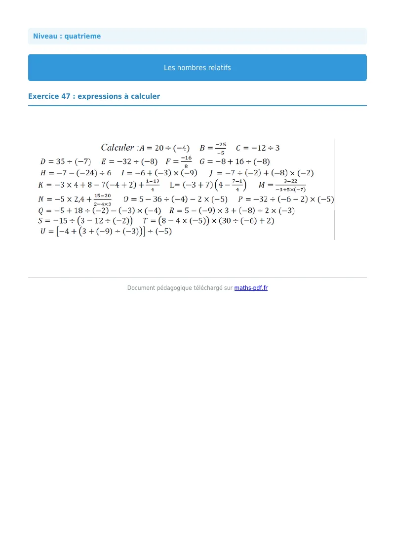 Nombres relatifs : exercice n°47 de maths en 4ème corrigé en PDF
