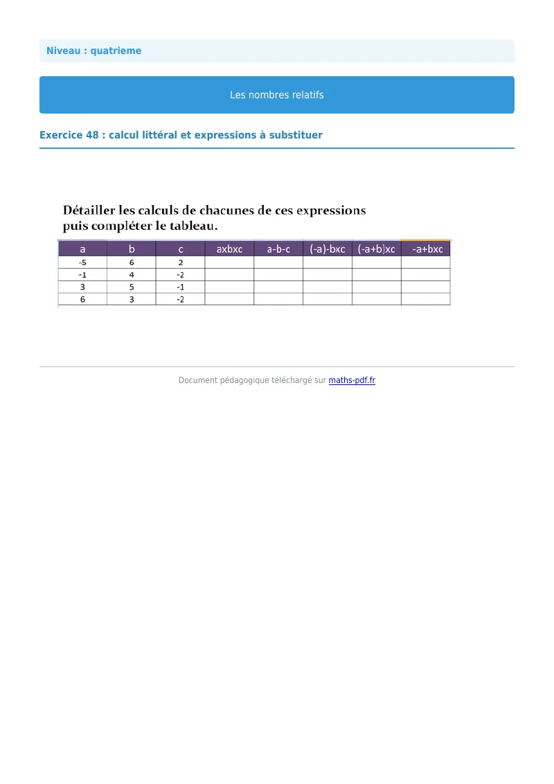 Nombres relatifs : exercice n°48 de maths en 4ème corrigé en PDF
