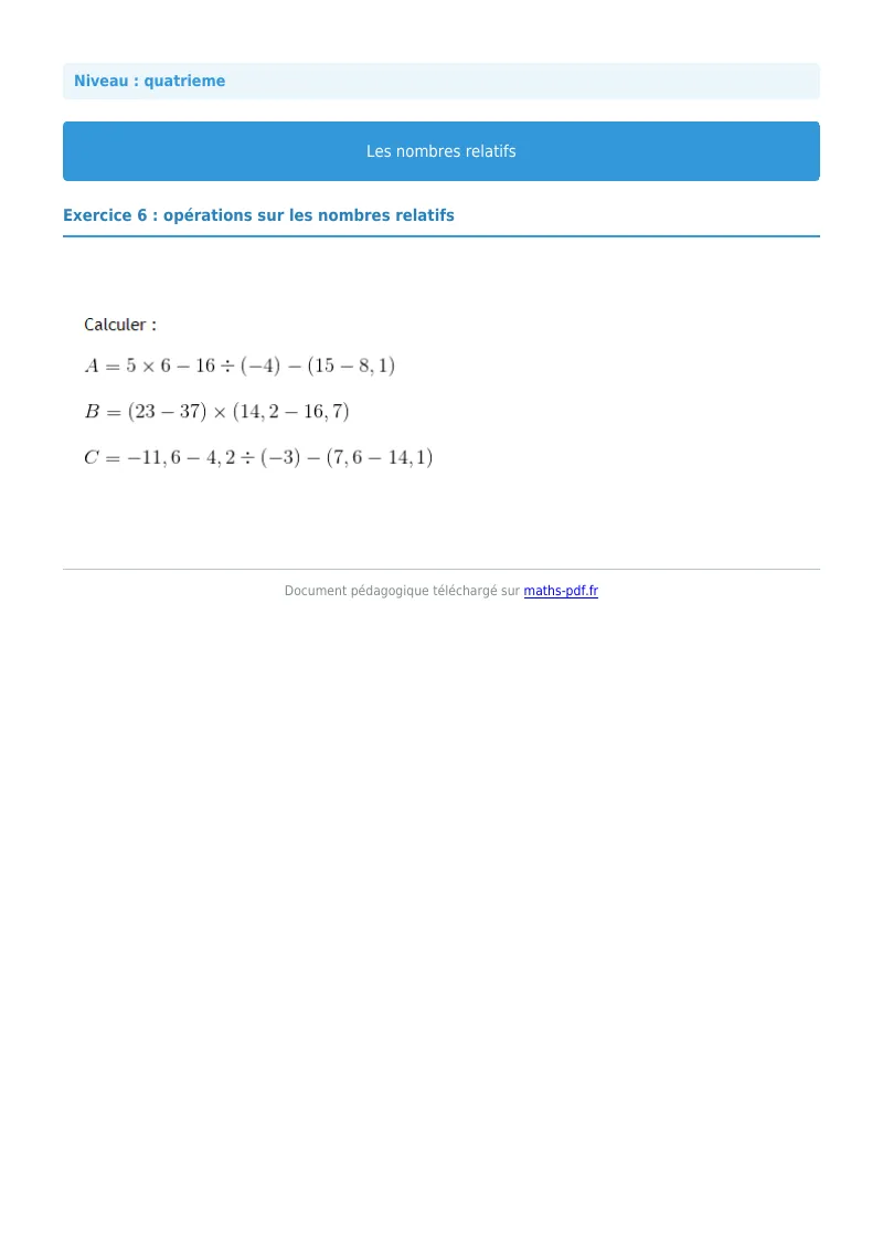 Nombres relatifs : exercice n°6 de maths en 4ème corrigé en PDF