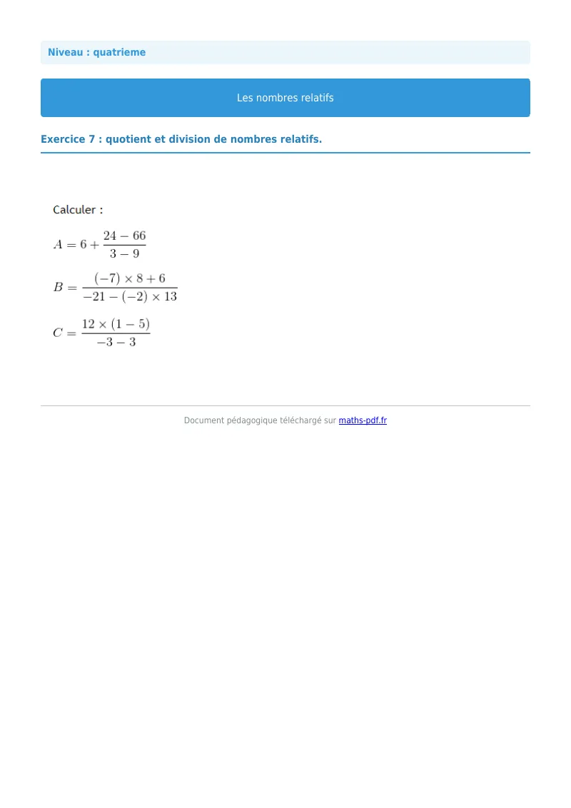 Nombres relatifs : exercice n°7 de maths en 4ème corrigé en PDF