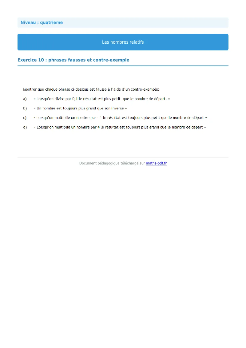 Nombres relatifs : exercice n°10 de maths en 4ème corrigé en PDF