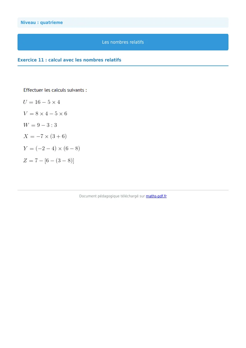 Nombres relatifs : exercice n°11 de maths en 4ème corrigé en PDF