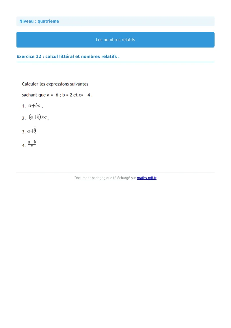 Nombres relatifs : exercice n°12 de maths en 4ème corrigé en PDF