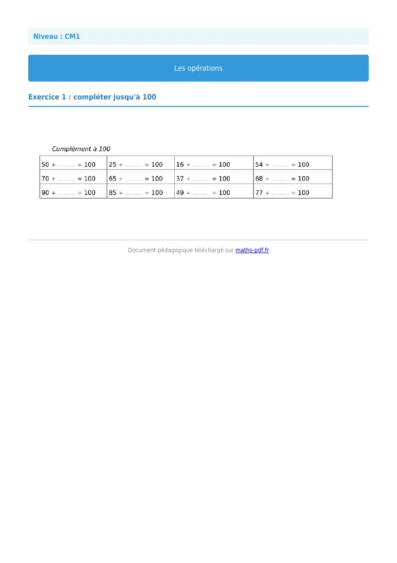 Les opérations : exercice n°1 de maths en CM1 corrigé en PDF