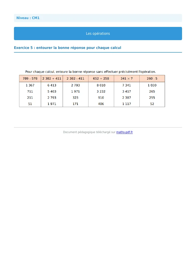 Les opérations : exercice n°5 de maths en CM1 corrigé en PDF