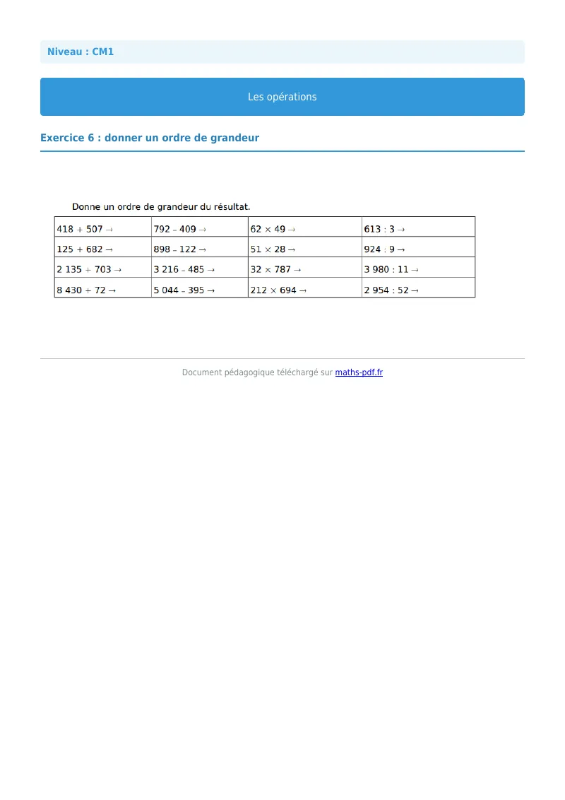 Les opérations : exercice n°6 de maths en CM1 corrigé en PDF