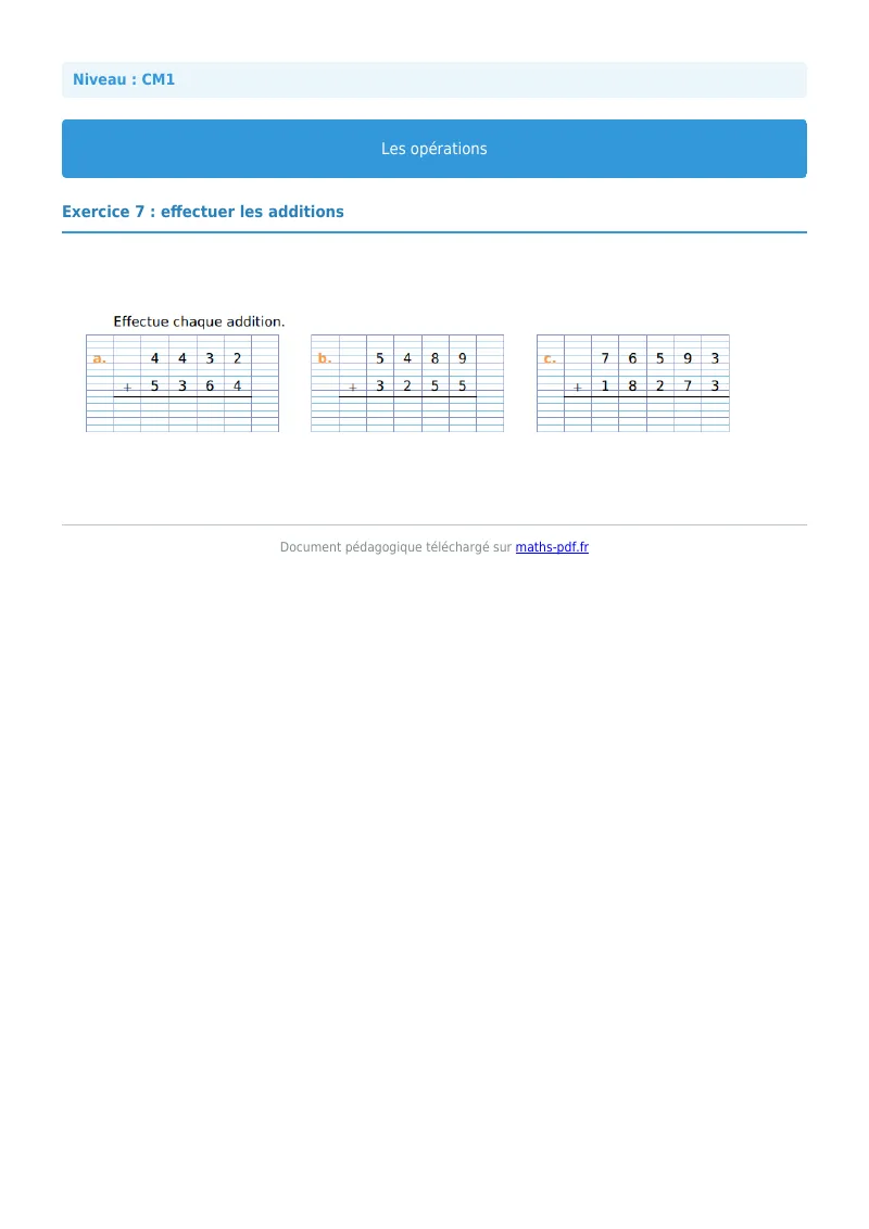Les opérations : exercice n°7 de maths en CM1 corrigé en PDF