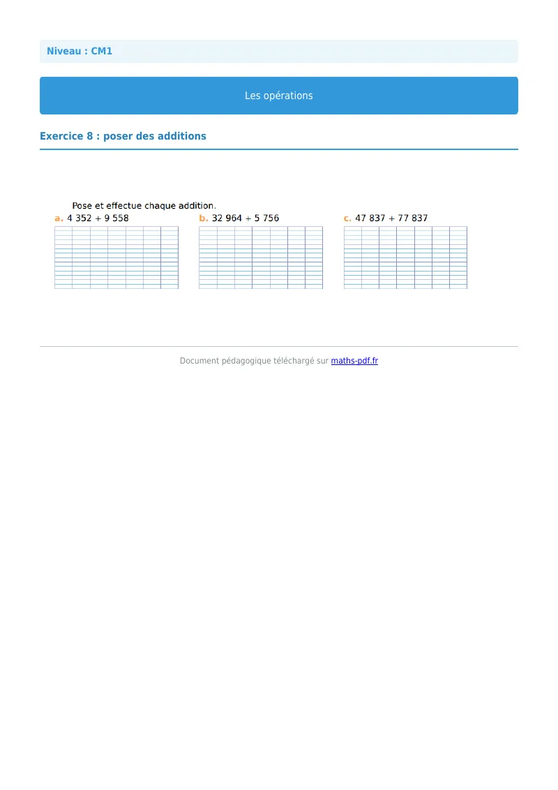 Les opérations : exercice n°8 de maths en CM1 corrigé en PDF
