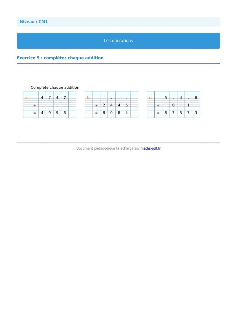 Les opérations : exercice n°9 de maths en CM1 corrigé en PDF