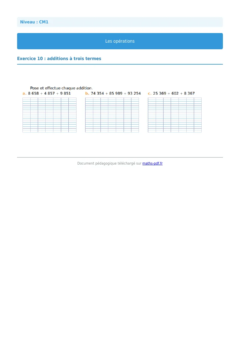Les opérations : exercice n°10 de maths en CM1 corrigé en PDF