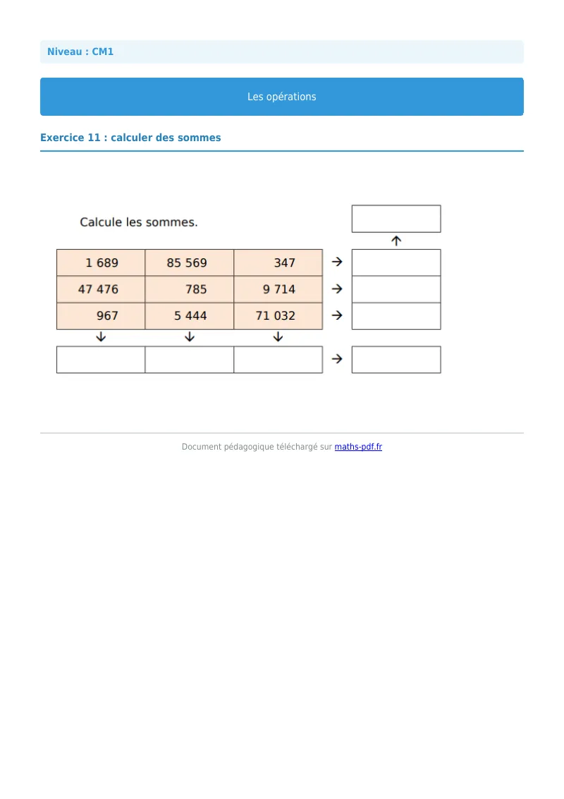 Les opérations : exercice n°11 de maths en CM1 corrigé en PDF
