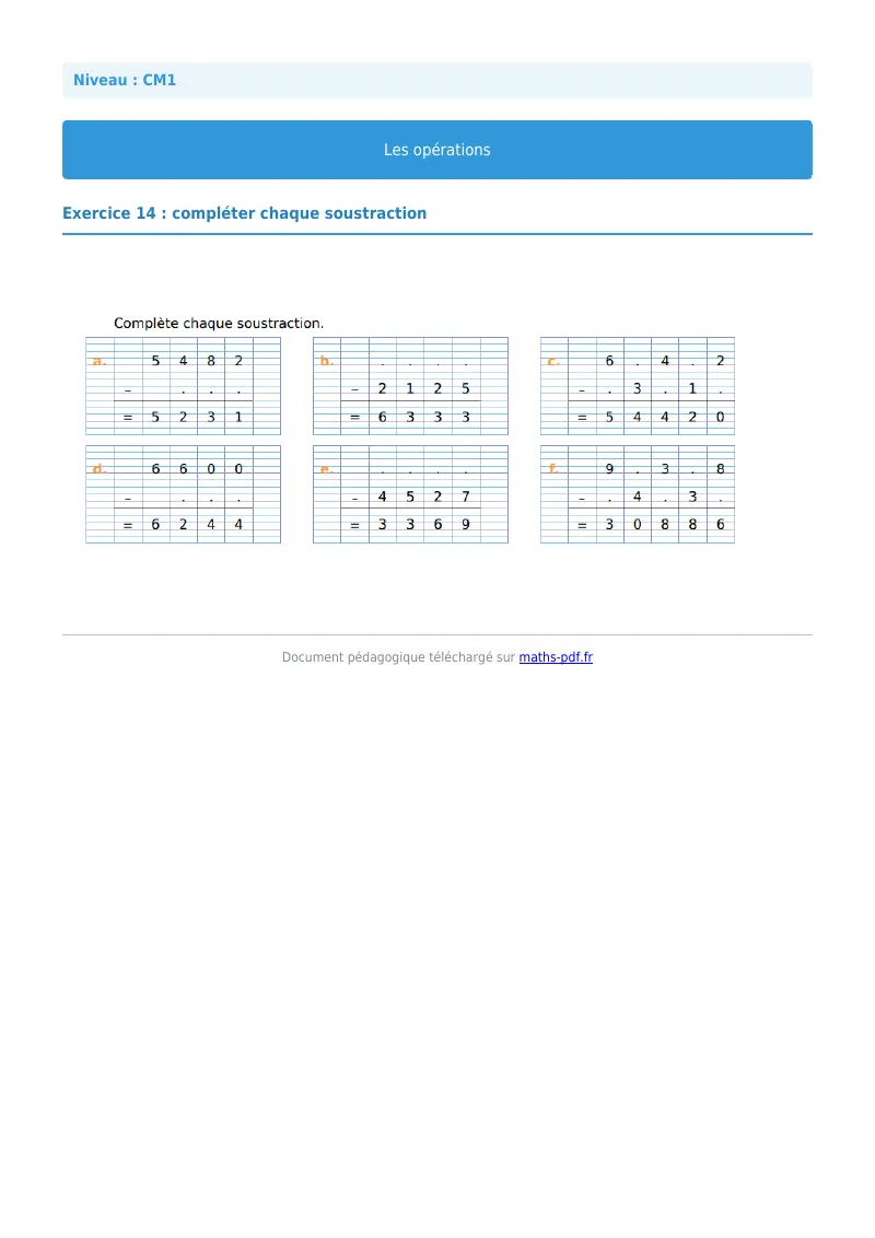 Les opérations : exercice n°14 de maths en CM1 corrigé en PDF