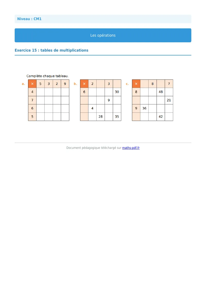 Les opérations : exercice n°15 de maths en CM1 corrigé en PDF