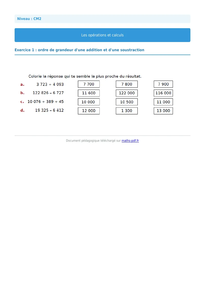 Opérations et calculs : exercice n°1 de maths en CM2 corrigé en PDF