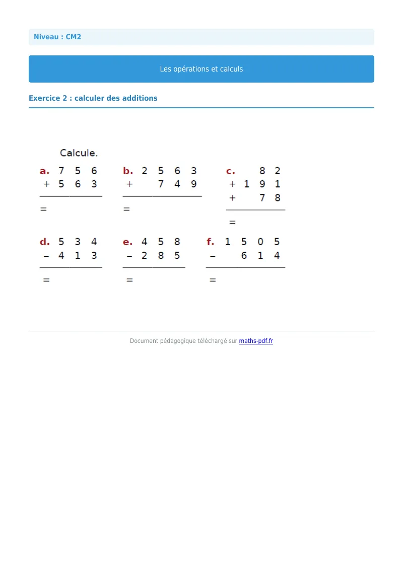 Opérations et calculs : exercice n°2 de maths en CM2 corrigé en PDF