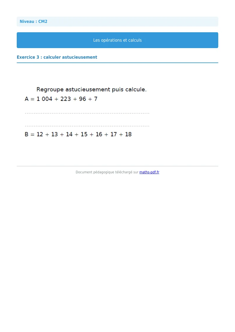 Opérations et calculs : exercice n°3 de maths en CM2 corrigé en PDF
