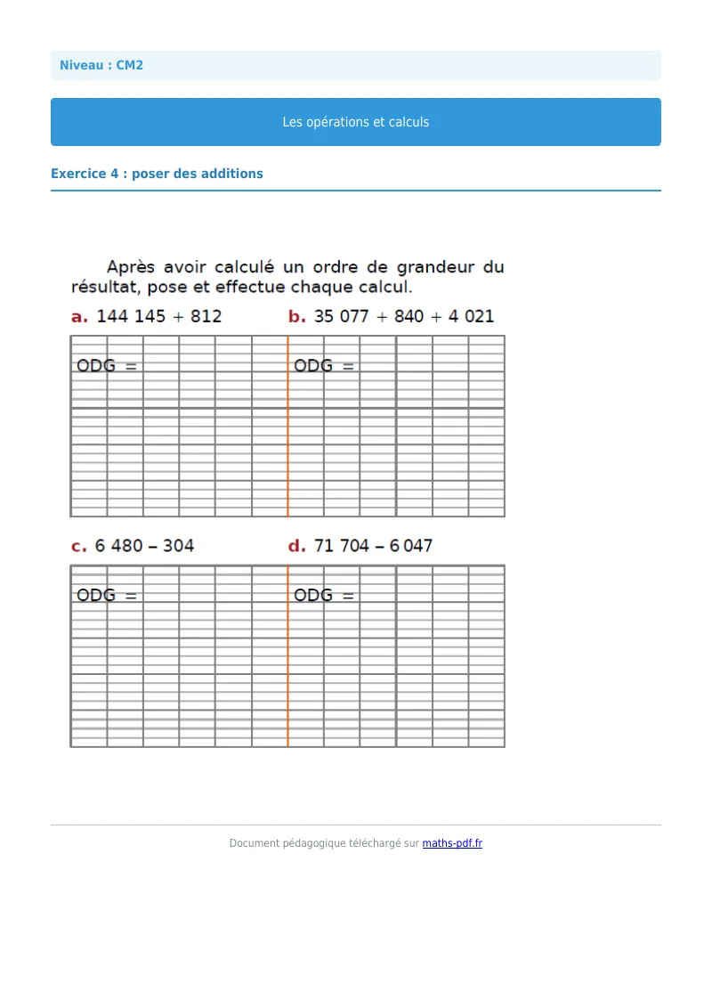 Opérations et calculs : exercice n°4 de maths en CM2 corrigé en PDF
