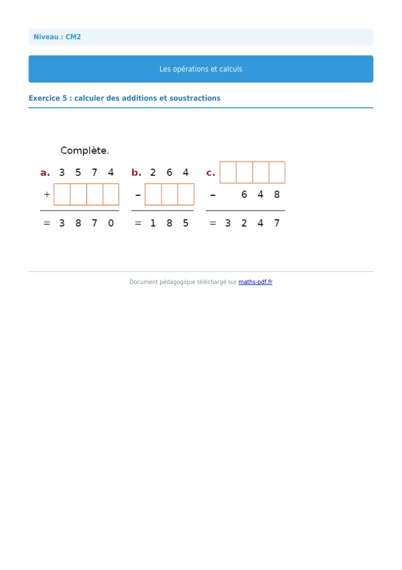 Opérations et calculs : exercice n°5 de maths en CM2 corrigé en PDF