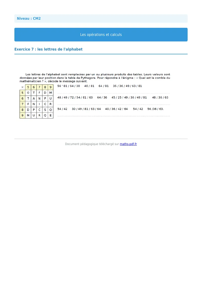 Opérations et calculs : exercice n°7 de maths en CM2 corrigé en PDF