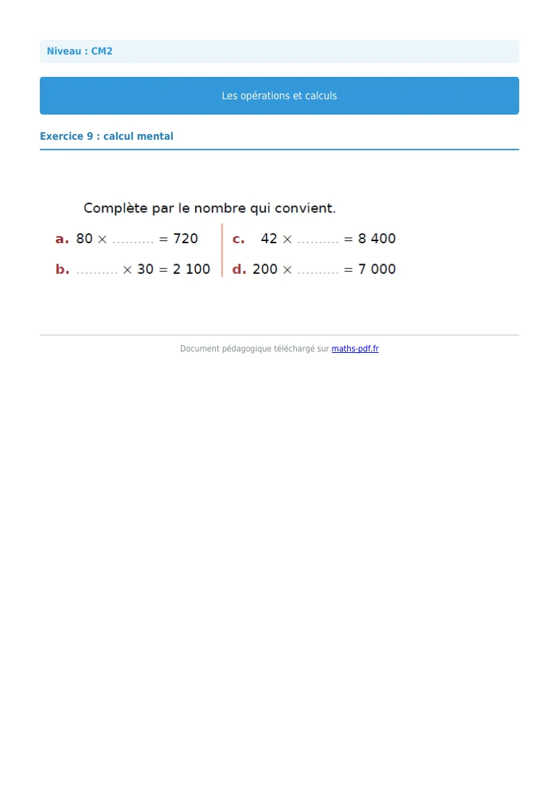 Opérations et calculs : exercice n°9 de maths en CM2 corrigé en PDF