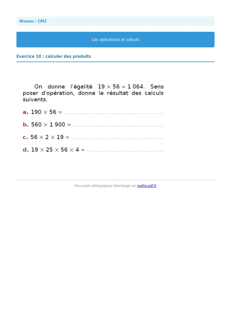 Opérations et calculs : exercice n°10 de maths en CM2 corrigé en PDF