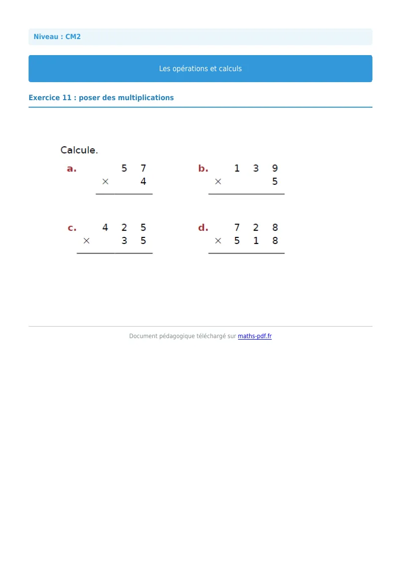 Opérations et calculs : exercice n°11 de maths en CM2 corrigé en PDF