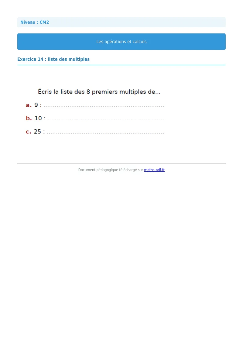 Opérations et calculs : exercice n°14 de maths en CM2 corrigé en PDF