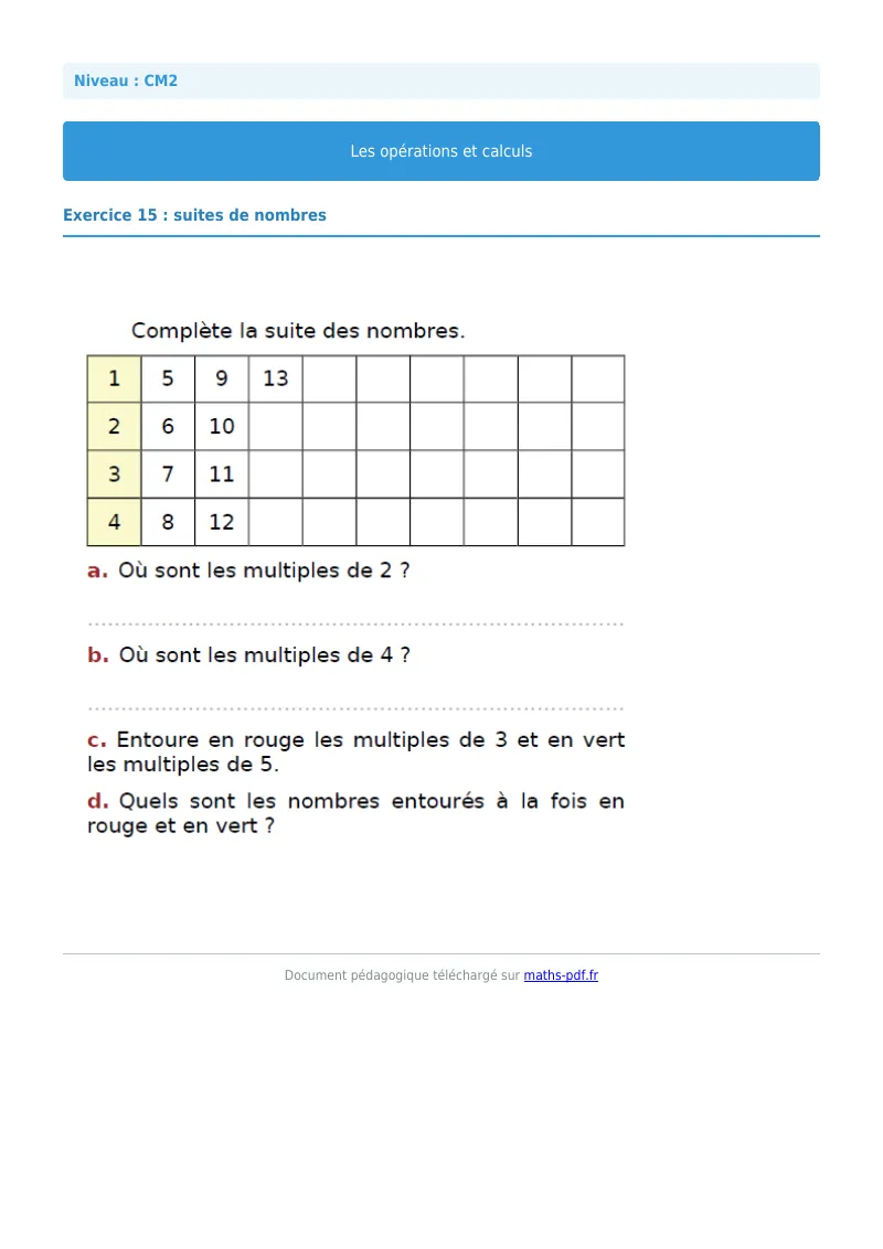 Opérations et calculs : exercice n°15 de maths en CM2 corrigé en PDF