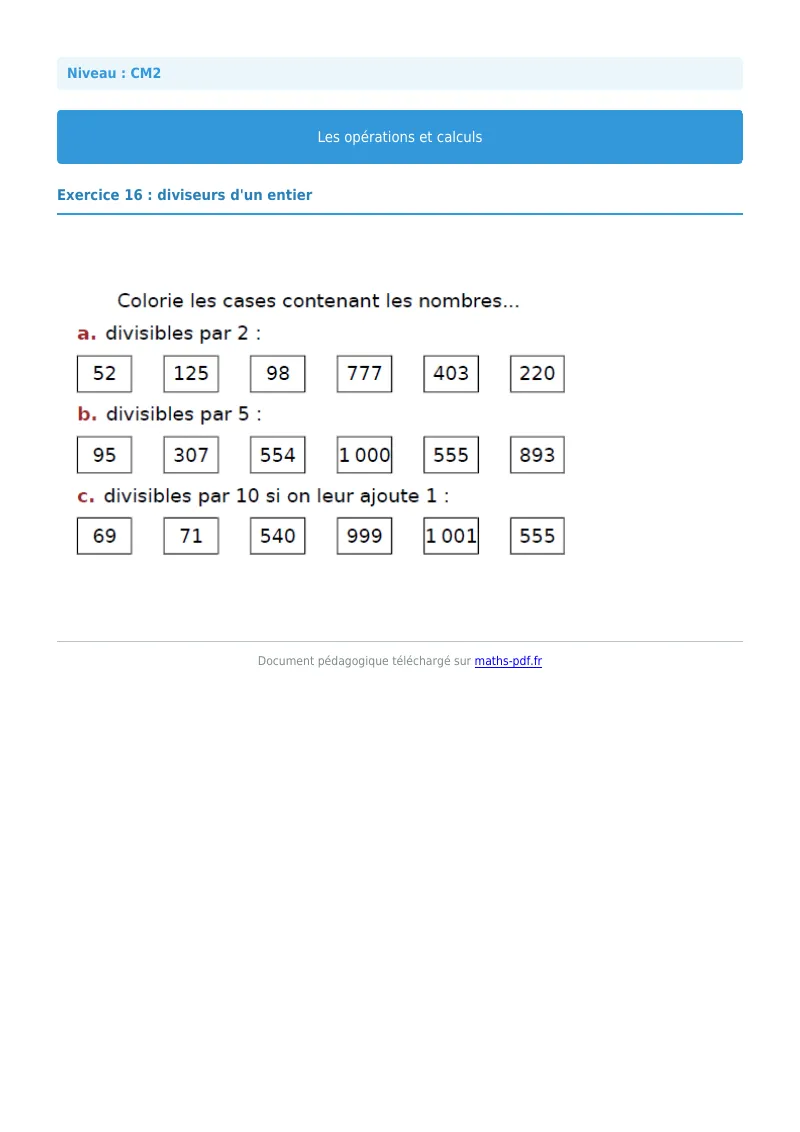 Opérations et calculs : exercice n°16 de maths en CM2 corrigé en PDF
