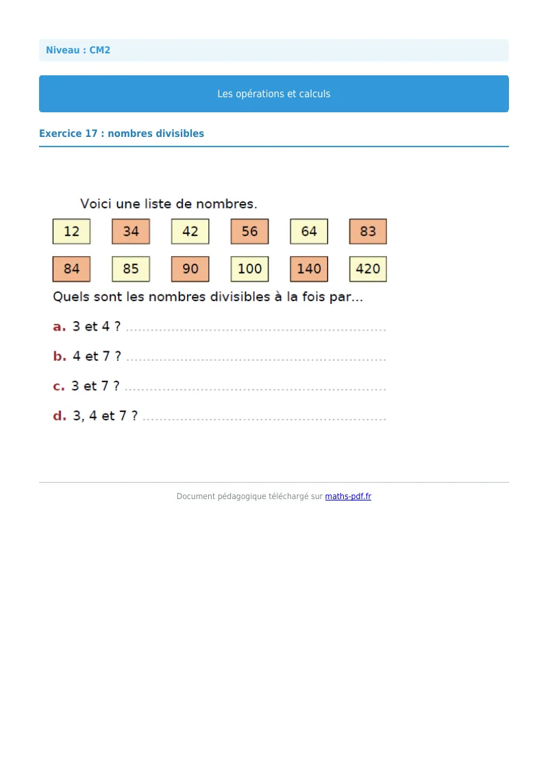 Opérations et calculs : exercice n°17 de maths en CM2 corrigé en PDF