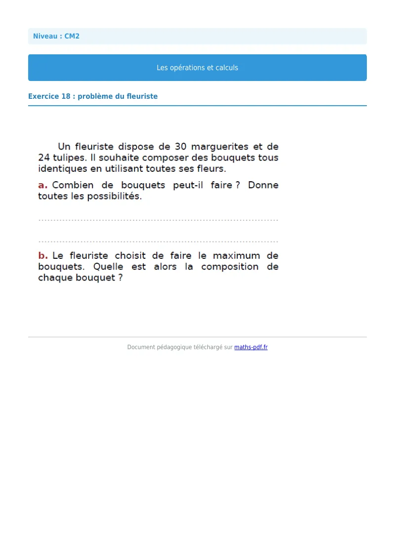 Opérations et calculs : exercice n°18 de maths en CM2 corrigé en PDF