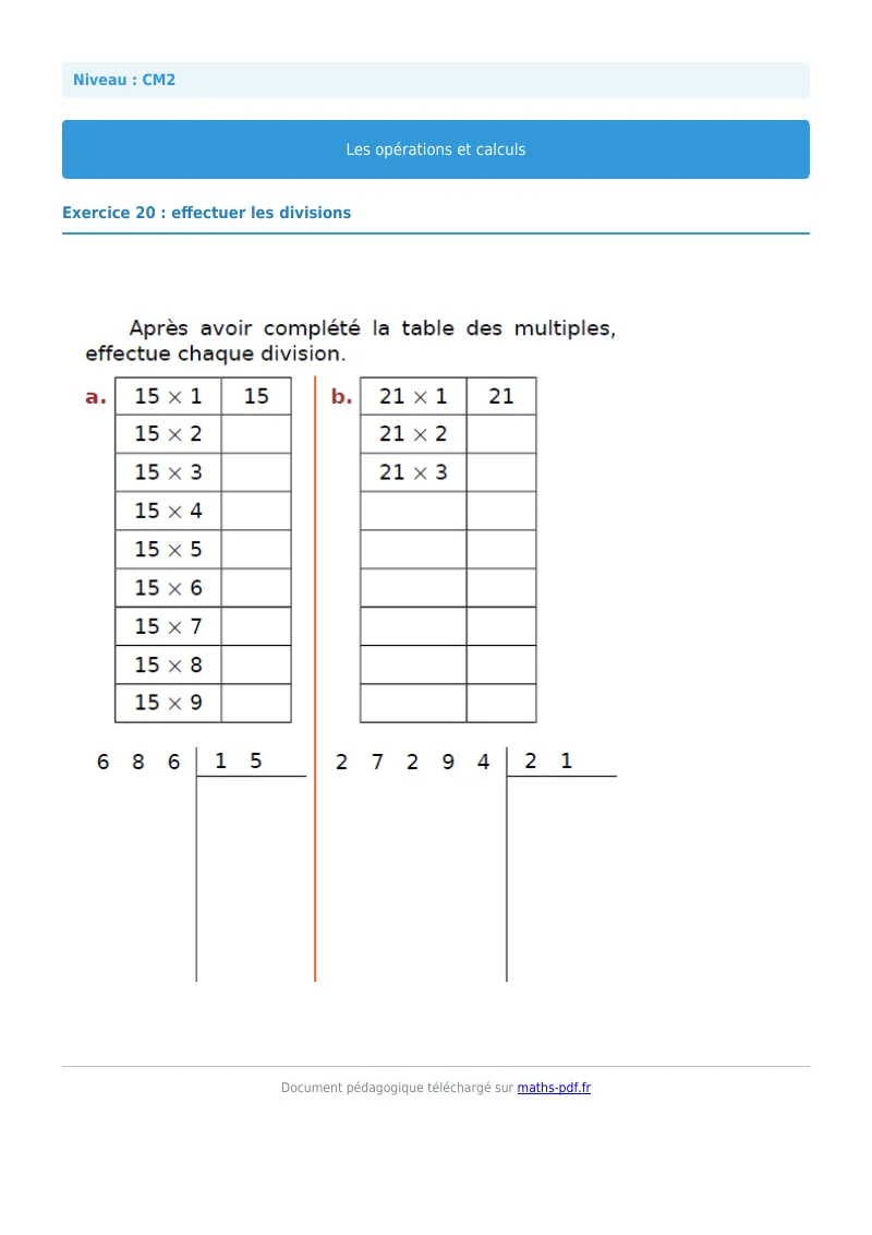 Opérations et calculs : exercice n°20 de maths en CM2 corrigé en PDF