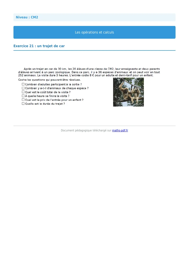 Opérations et calculs : exercice n°21 de maths en CM2 corrigé en PDF