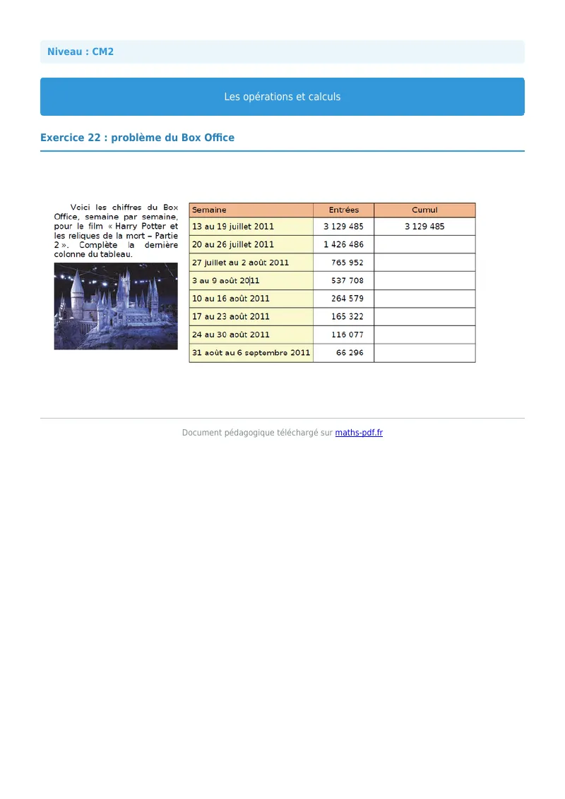 Opérations et calculs : exercice n°22 de maths en CM2 corrigé en PDF