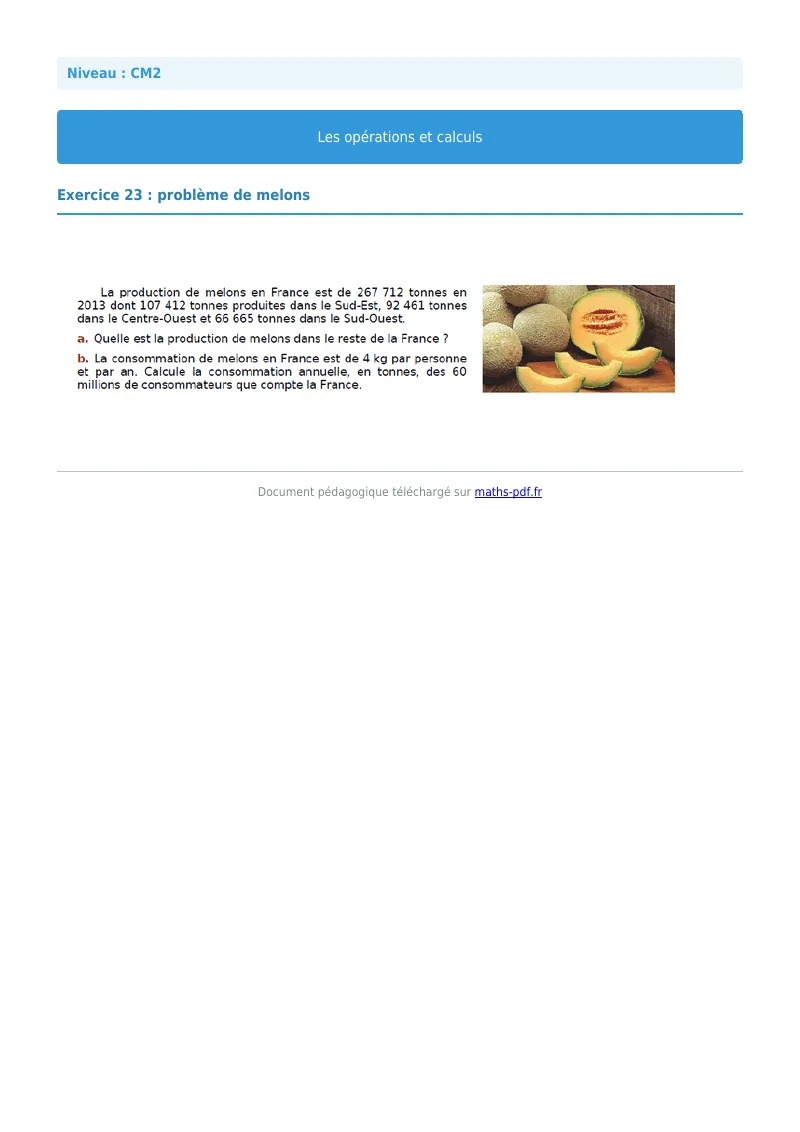 Opérations et calculs : exercice n°23 de maths en CM2 corrigé en PDF