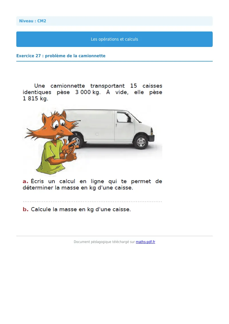 Opérations et calculs : exercice n°27 de maths en CM2 corrigé en PDF